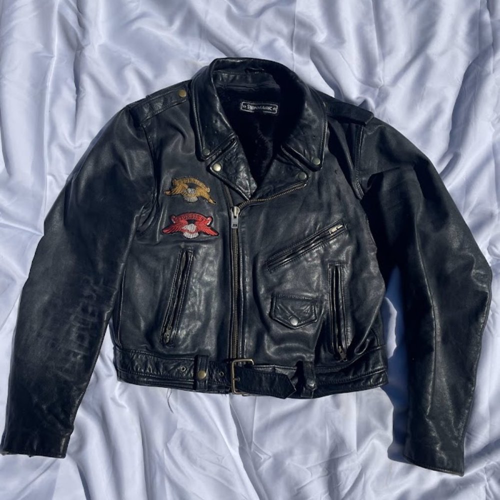 Vintage Steinmark Black Leather Motorcycle Jacket Zip out Liner Cross zip Front